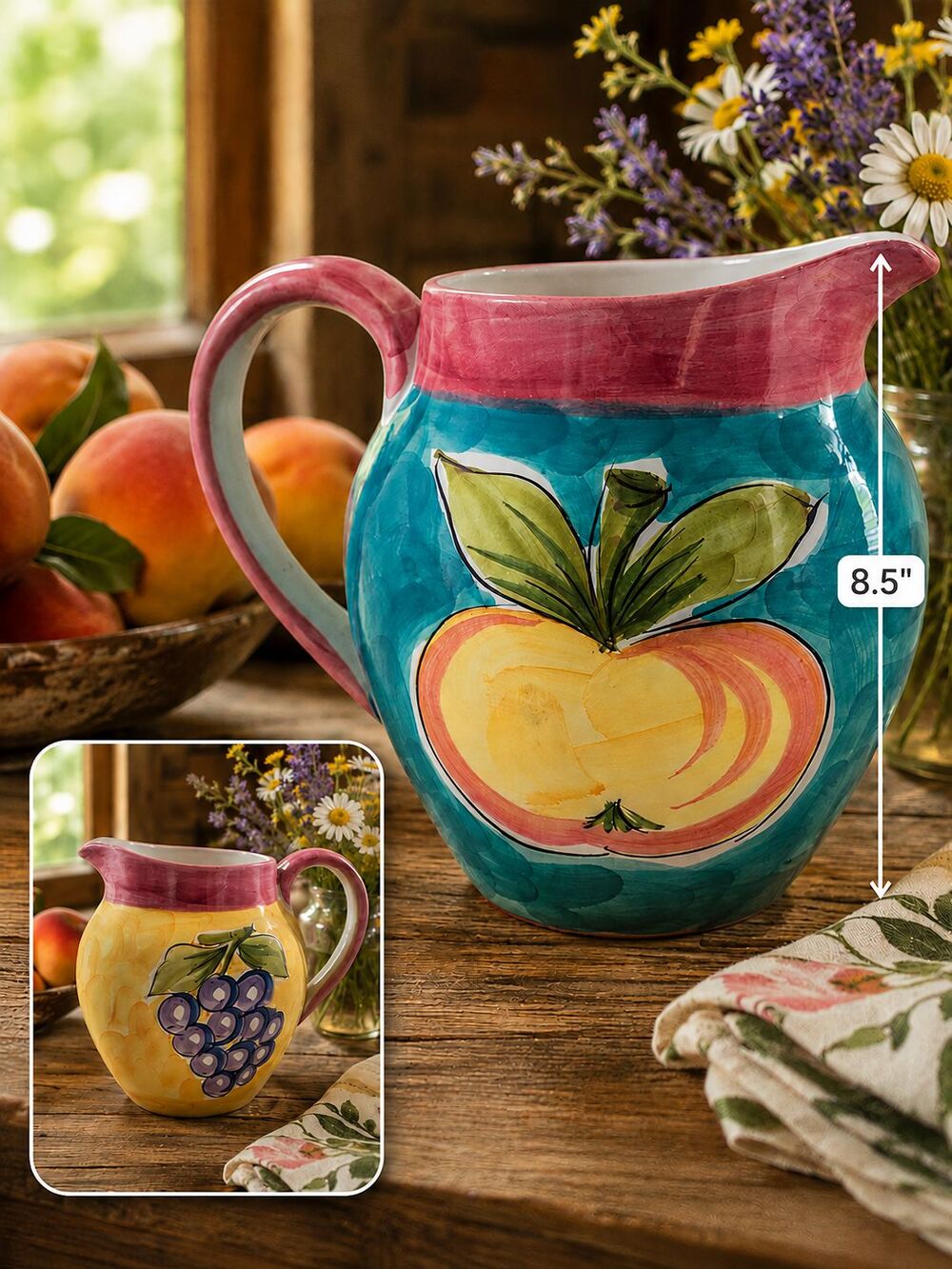 Hand Painted Ceramic Fruit Pitcher 8.5" Peach Grapes Colorful Farmhouse 8 cups